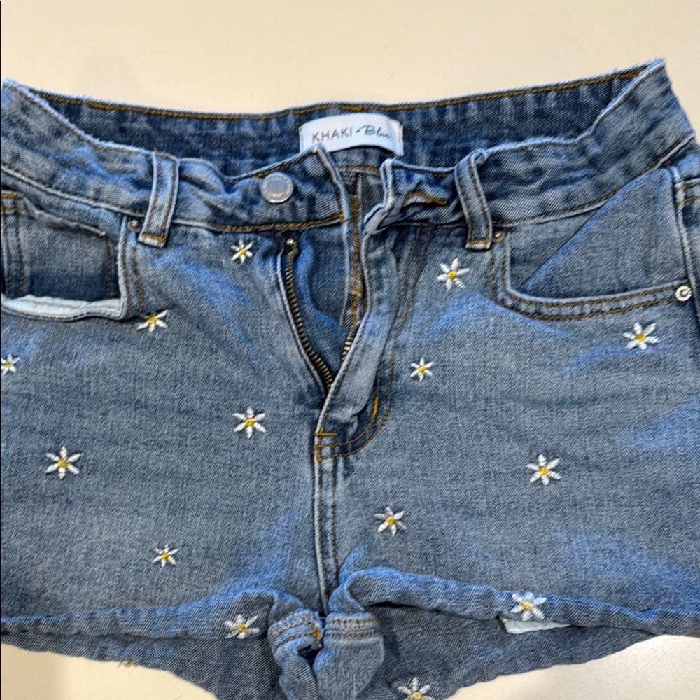 Khaki+Blue Denim Shorts with Floral Embroidery size 13/31 teen
